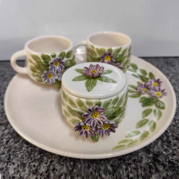 سرویس چای خوری گل برجسته دو نفره | سرامیکی