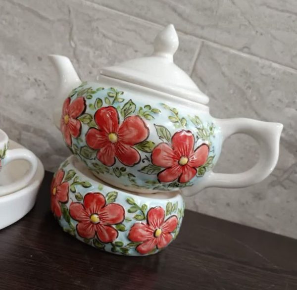 ست قوری و وارمر گل برجسته سرامیکی | کد 19