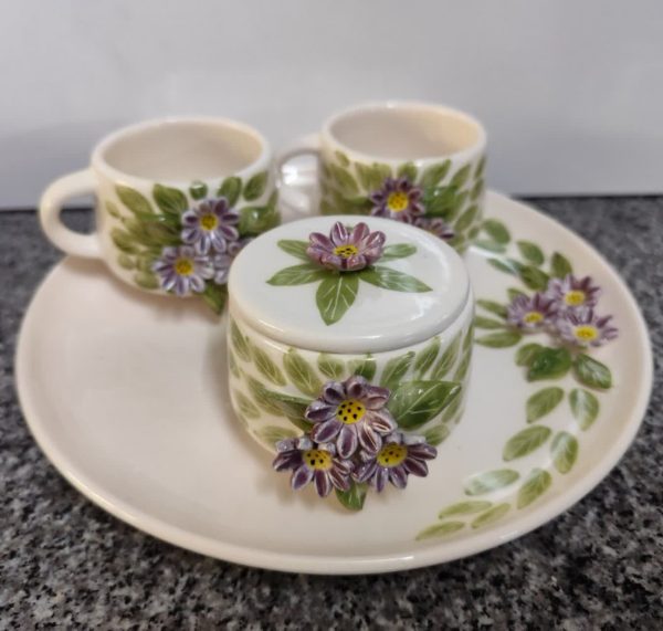 سرویس چای خوری گل برجسته دو نفره | سرامیکی - بنفش